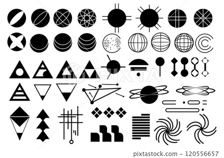 Retro futuristic y2k set elements in flat graphic design. Collection of basic black geometric shapes, rounds, spheres and triangles with mesh, lines, links, abstract grids, other. Vector illustration. 120556657