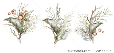 Watercolor holly Christmas ornament. Xmas green bouquet isolated on white background. Hand drawn Winter holiday decoration for design cards, invitation. 120556826
