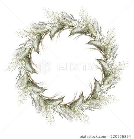 Christmas wreath ornament with dry twig. Watercolor Winter Botanical Xmas frame. Vintage Border of fir branch, berries, plant on white background. Holiday illustration for Xmas design. 120556834