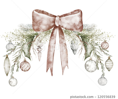 Christmas Vintage Watercolor wreath from fir with retro toys and a red bow. Winter Botanical Xmas frame. Drawing decoration of fir branch on white background. Holiday illustration for Xmas design. Christmas Vintage Watercolor wreath from fir with retro toys and a red bow. Winter Botanical Xmas frame. Drawing decoration of fir branch on white background. Holiday illustration for Xmas design. 120556839
