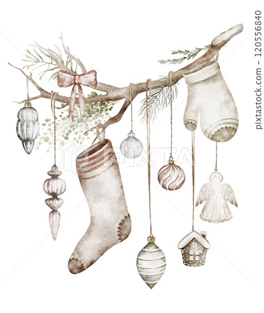 Watercolor illustration of hanging Christmas decoration on a dry wooden branch. Rustic handmade a with retro toys, mitten and sock. For seasonal, Christmas, or holiday-themed designs. Watercolor illustration of hanging Christmas decoration on a dry wooden branch. Rustic handmade a with retro toys, mitten and sock. For seasonal, Christmas, or holiday-themed designs. 120556840