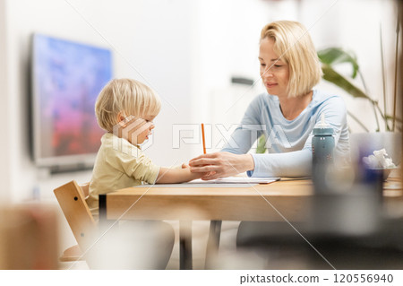 Caring young Caucasian mother and small son drawing painting in notebook at home together. Loving mom or nanny having fun learning and playing with her little 1,5 year old infant baby boy child Caring young Caucasian mother and small son drawing painting in notebook at home together. Loving mom or nanny having fun learning and playing with her little 1,5 year old infant baby boy child 120556940