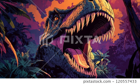 Tyrannosaurus rex roaring in lush prehistoric jungle at sunset 120557433