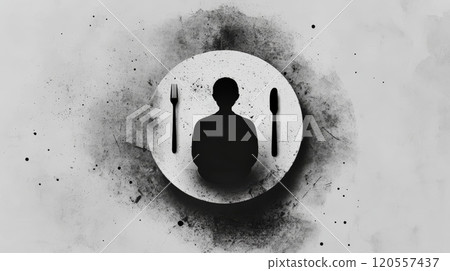 Human silhouette inside a dish with fork and knife representing consumerism 120557437