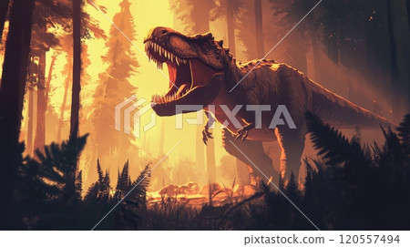 Powerful tyrannosaurus rex roaring in a misty forest at sunset 120557494