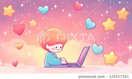 Boy programming with love and stars surrounding him in a dreamlike atmosphere 120557561