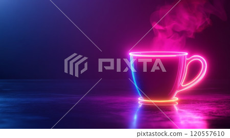 Steaming neon coffee cup on reflective surface with pink and blue lighting Steaming neon coffee cup on reflective surface with pink and blue lighting 120557610