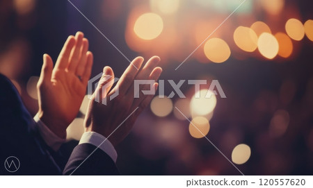 Businessman clapping hands in standing ovation at conference event 120557620