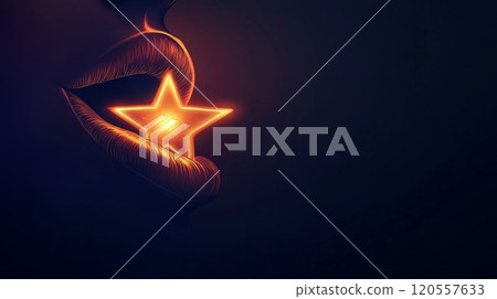 Woman holding glowing neon star in open lips: neon light, success, and mystery 120557633