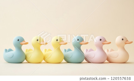 Six pastel rubber ducks following each other in a row 120557638