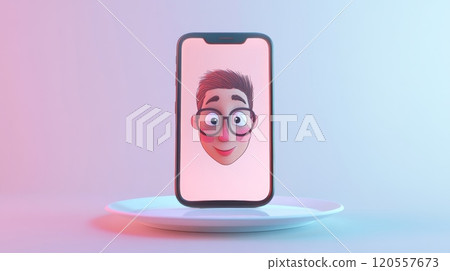 Cartoon character showing on a smartphone screen placed on a plate with colorful background 120557673