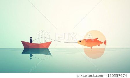Businessman fishing big fish on paper boat at sunset 120557674