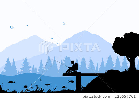 Fishing nature landscape silhouette. Vector illustration design template 120557761