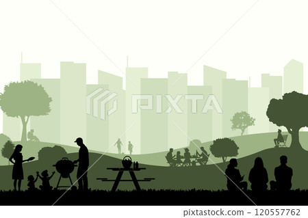 View of a family picnic in the park with a view of city buildings. Vector illustration design template 120557762