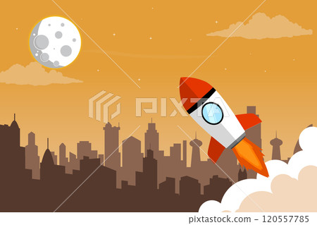 Background design of a rocket launching in the middle of a city with summer themed colors. A creative illustration concept of city growth. Background design of a rocket launching in the middle of a city with summer themed colors. A creative illustration concept of city growth. 120557785