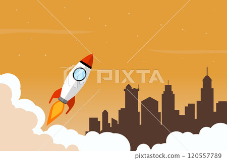 Background design of a rocket launching in the middle of a city with summer themed colors. A creative illustration concept of city growth. 120557789