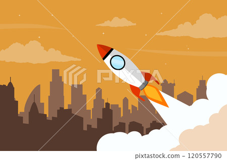 Background design of a rocket launching in the middle of a city with summer themed colors. A creative illustration concept of city growth. 120557790