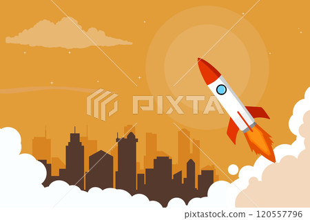 Background design of a rocket launching in the middle of a city with summer themed colors. A creative illustration concept of city growth. 120557796