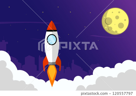 Background design of a flying rocket and moonlight above the city at night Background design of a flying rocket and moonlight above the city at night 120557797