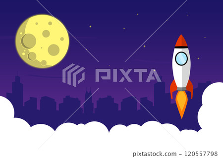 Background design of a flying rocket and moonlight above the city at night 120557798