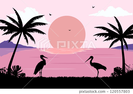 View of stork couple at sunset on the beach. Summer day vector illustration poster design template 120557803