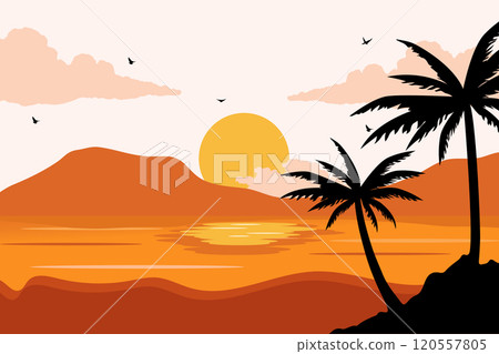 View of a sunrise on the beach. Summer day vector illustration poster design template 120557805