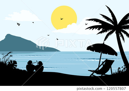 Beach tropical summer view silhouette background. Summer day vector illustration poster design template Beach tropical summer view silhouette background. Summer day vector illustration poster design template 120557807