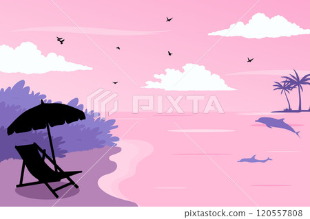 View of a lounge chair on the beach silhouette background. Summer day vector illustration poster design template View of a lounge chair on the beach silhouette background. Summer day vector illustration poster design template 120557808