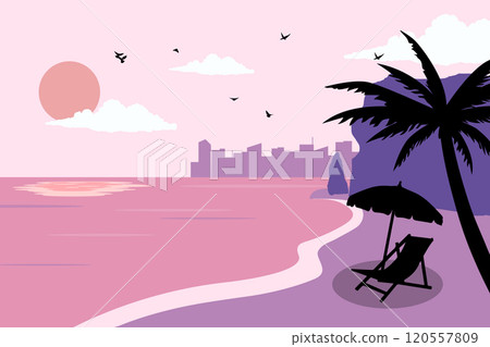 View of a lounge chair on the beach silhouette background. Summer day vector illustration poster design template 120557809