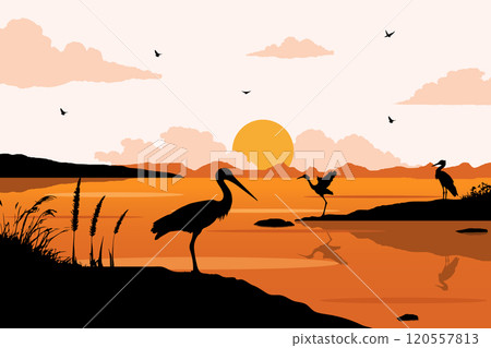 View of the stork on the lake. Summer day vector illustration poster design template 120557813