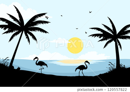 View of flamingos on the beach. Summer day vector illustration poster design template 120557822