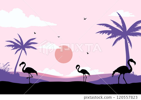View of flamingos on the beach. Summer day vector illustration poster design template 120557823