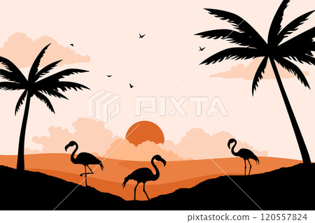 View of flamingos on the beach. Summer day vector illustration poster design template View of flamingos on the beach. Summer day vector illustration poster design template 120557824