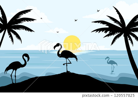 View of flamingos on the beach. Summer day vector illustration poster design template View of flamingos on the beach. Summer day vector illustration poster design template 120557825