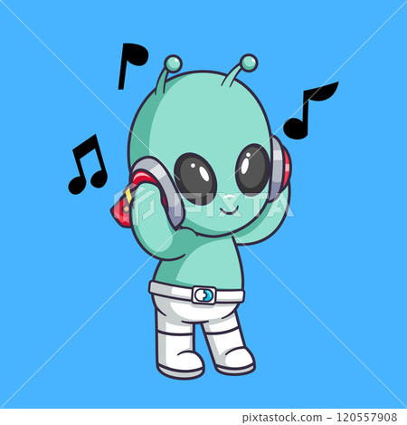 Cute alien listening to music with headphones Cartoon Vector Icon Illustration. Scene entertainment Icon Concept Isolated Premium Vector 120557908