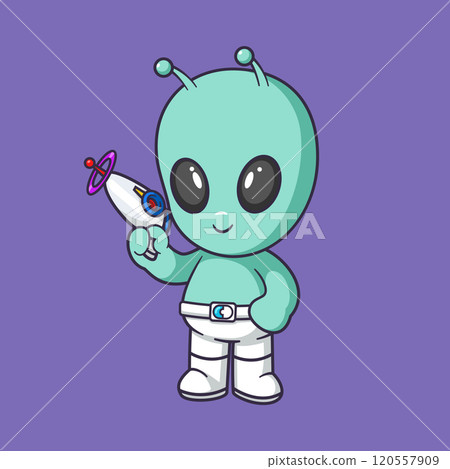 Cute alien poses holding space gun Cartoon Vector Icon Illustration. Scene war Icon Concept Isolated Premium Vector Cute alien poses holding space gun Cartoon Vector Icon Illustration. Scene war Icon Concept Isolated Premium Vector 120557909