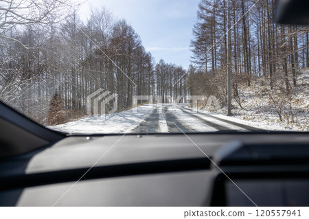 View from a car driving along a snowy road View from a car driving along a snowy road 120557941