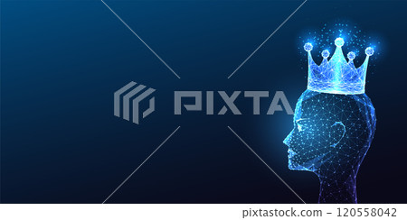 Digital head silhouette with glowing crown on dark blue background. Intelligence, leadership concept Digital head silhouette with glowing crown on dark blue background. Intelligence, leadership concept 120558042