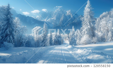 Winter landscape with snow covered trees and mountains Winter landscape with snow covered trees and mountains 120558150