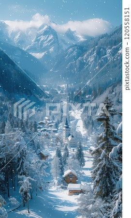 Winter landscape with snow covered trees and mountains 120558151