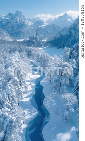 Winter landscape with snow covered trees and mountains Winter landscape with snow covered trees and mountains 120558155