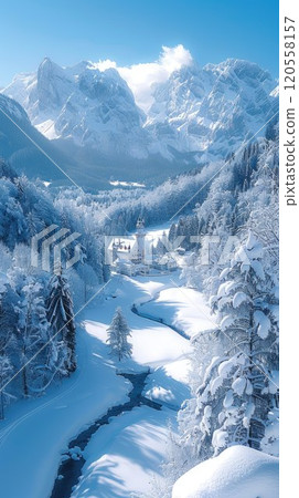 Winter landscape with snow covered trees and mountains Winter landscape with snow covered trees and mountains 120558157