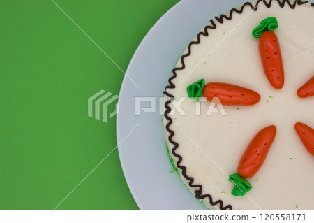 Top View of Carrot Cake with Fondant Decorations 120558171