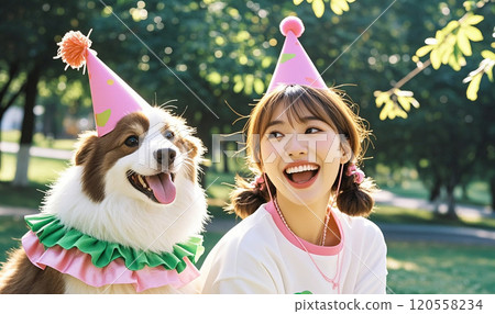 Young Asian woman and her dog wearing matching party hats and costumes, smiling joyfully outdoors in a sunny park. 120558234
