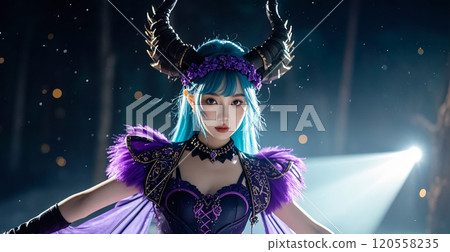 Young woman in fantasy costume with blue hair and horns, in a mystical dark forest setting with dramatic lighting. 120558235