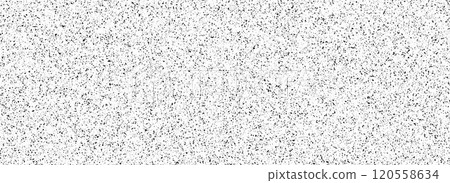 Black mottled dotted pattern. Small grunge sprinkles, particles, dust and spots texture. Noise grain background. Overlay random grit wallpaper. Vector gritty backdrop 120558634