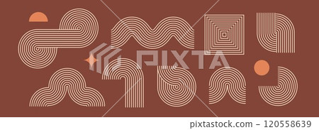 Boho linear element set. Brown beige wave and arch forms design. Mid century curves and arcs collection. Bohemian decorative ornamental shape bundle for badge, icon, poster, banner, template. Vector Boho linear element set. Brown beige wave and arch forms design. Mid century curves and arcs collection. Bohemian decorative ornamental shape bundle for badge, icon, poster, banner, template. Vector 120558639