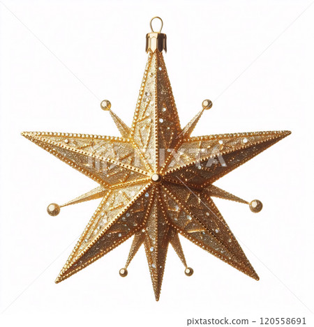 A sparkling gold star ornament, perfect for adding a touch of festive elegance to your Christmas tree 120558691
