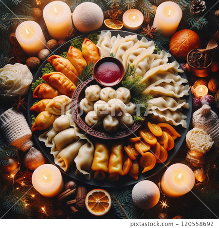 A festive and colorful arrangement of dumplings, surrounded by candles, Christmas decorations, and spices 120558692