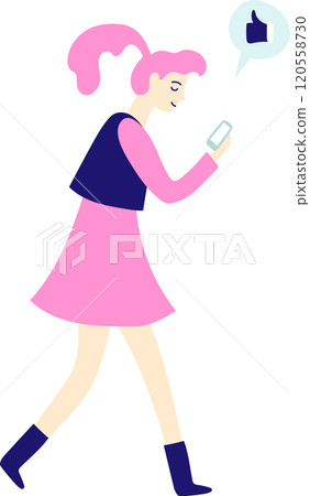 Stylish young woman with pink hair is walking and using her mobile phone, with a like notification appearing above, representing social media approval and engagement 120558730